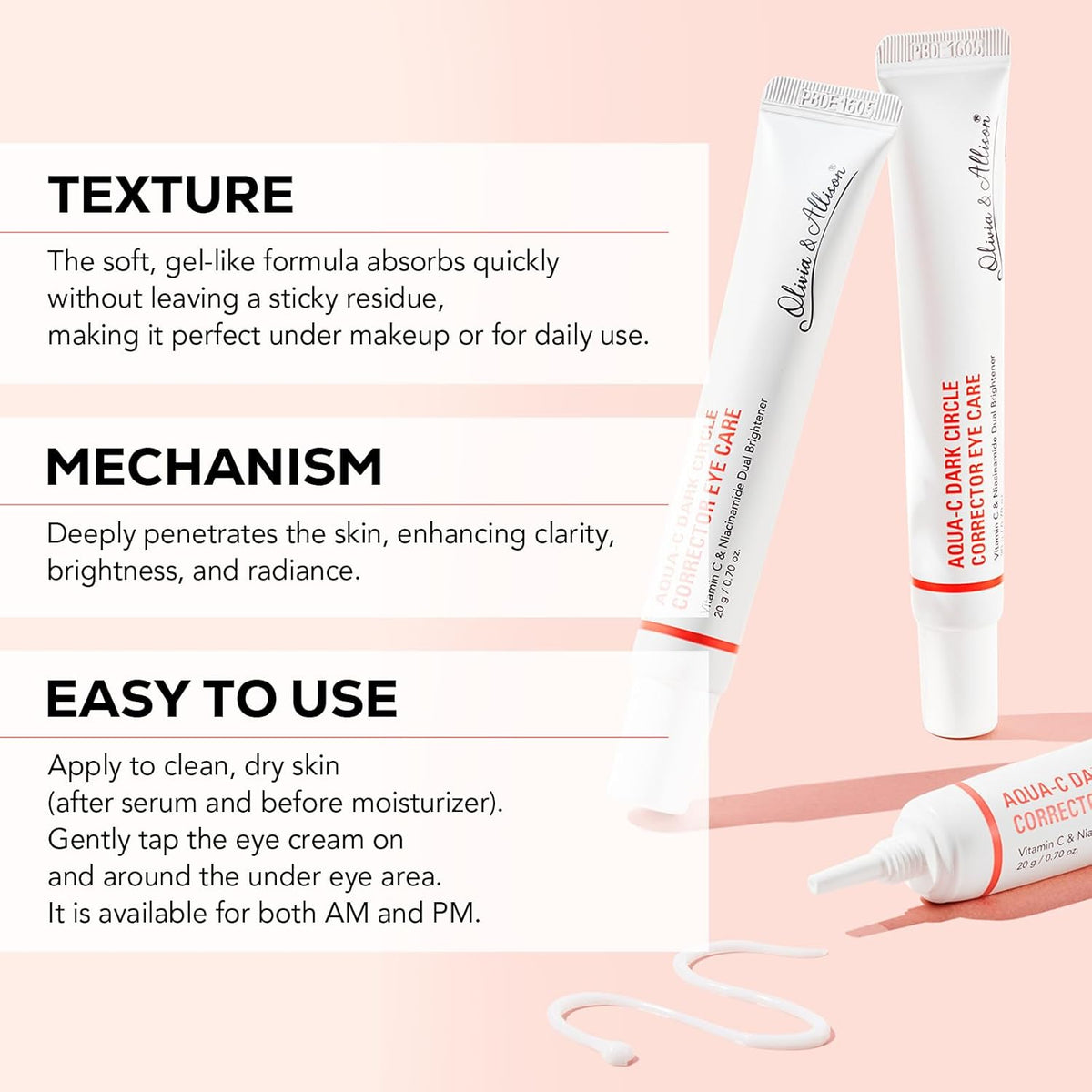 Olivia & Allison Dark Circle Corrector Eye Serum - Vitamin C, Squalane & Niacinamide for