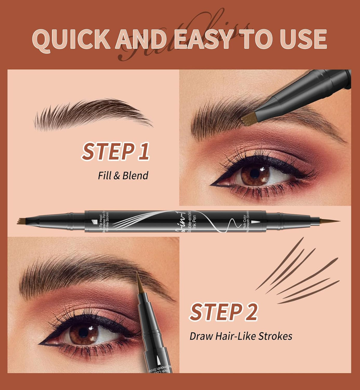 4-Fork Tip Microblading Eyebrow Pen - 2-in-1 Waterproof Eyebrow Pencil, Long-Lasting Natural