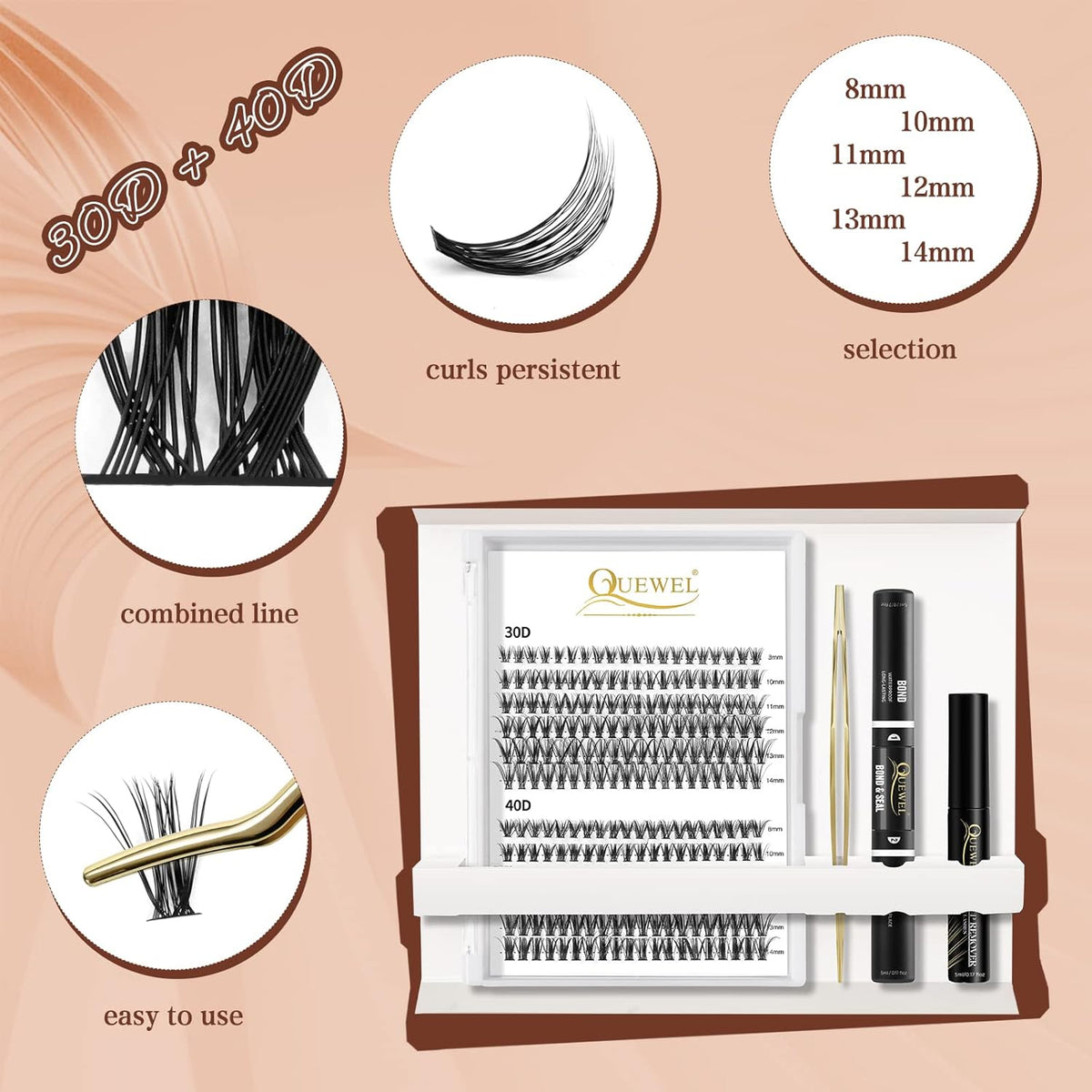 QUEWEL Lash Clusters Kit, 240 Pcs Lash Clusters 30D+40D DIY Lash Extensions Kit with Applicator