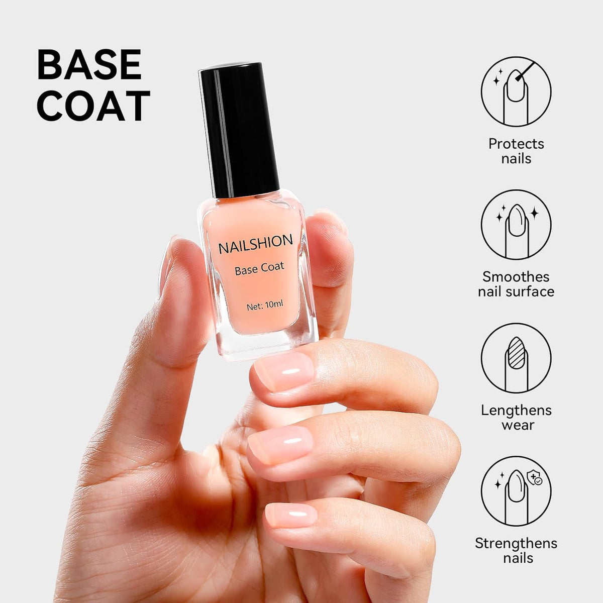 Base Top Coat, Nude Peach Ridge Filler Base Coat Clear Nail Polish, Enriched VE Calcium
