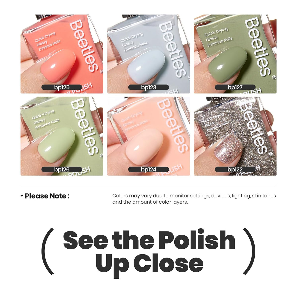 Beetles Nail Polish Set P176, 6 Colors Glitter Green Nude Natrual Pink Nail Lacquer Fast Drying &