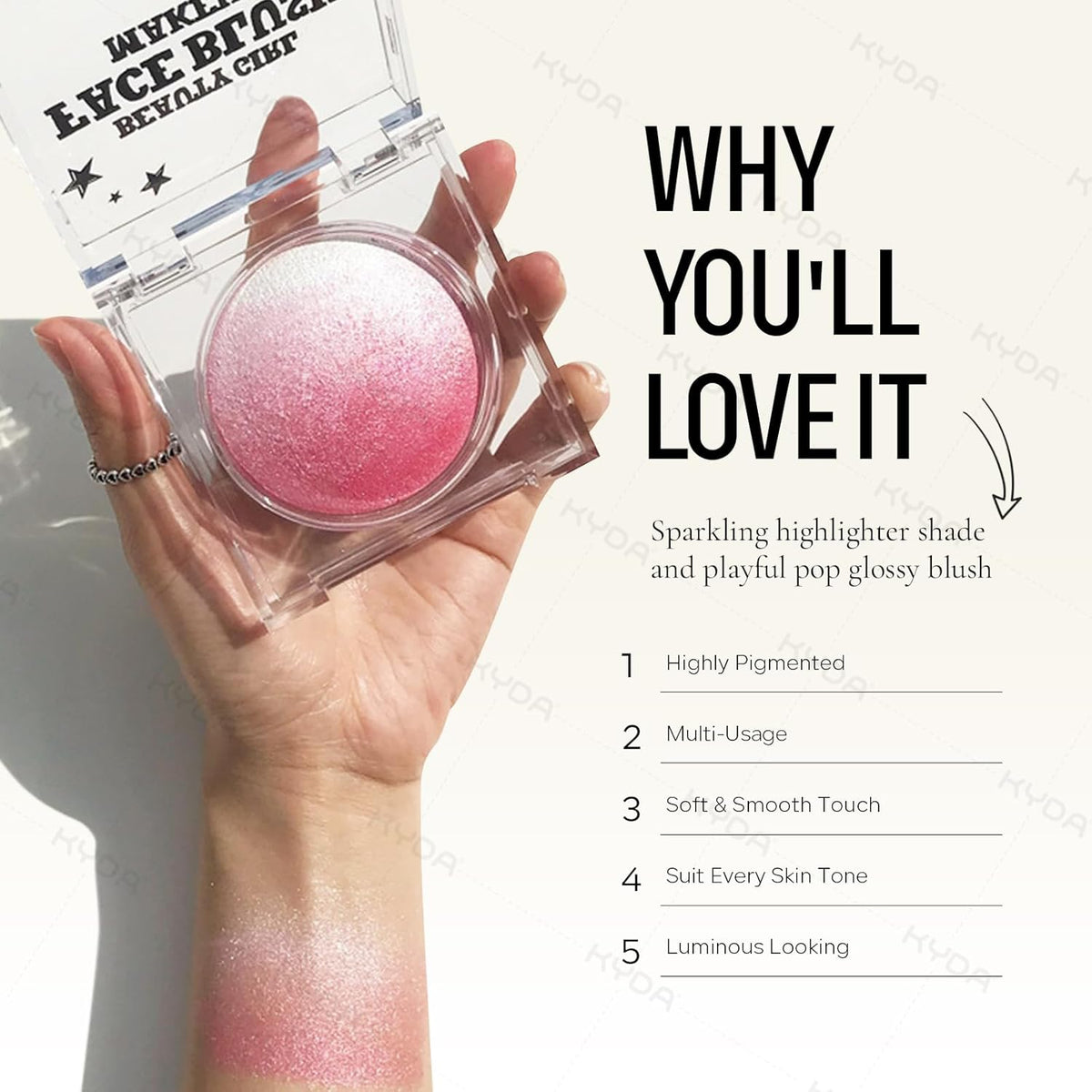 KYDA Pink Baked Blush, Pink Glow Powder for Blush and Highlighter, High Glossy Finish, Lightweight