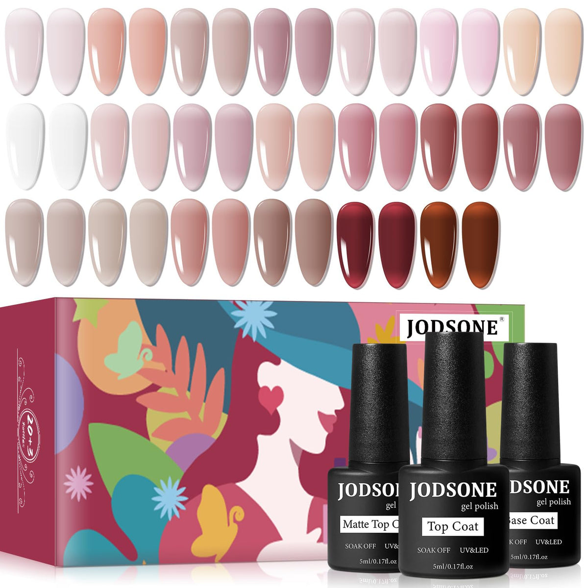 JODSONE 23PCS Gel Nail Polish Set 20 translucent Jelly Color Natural and Elegant Long Lasting