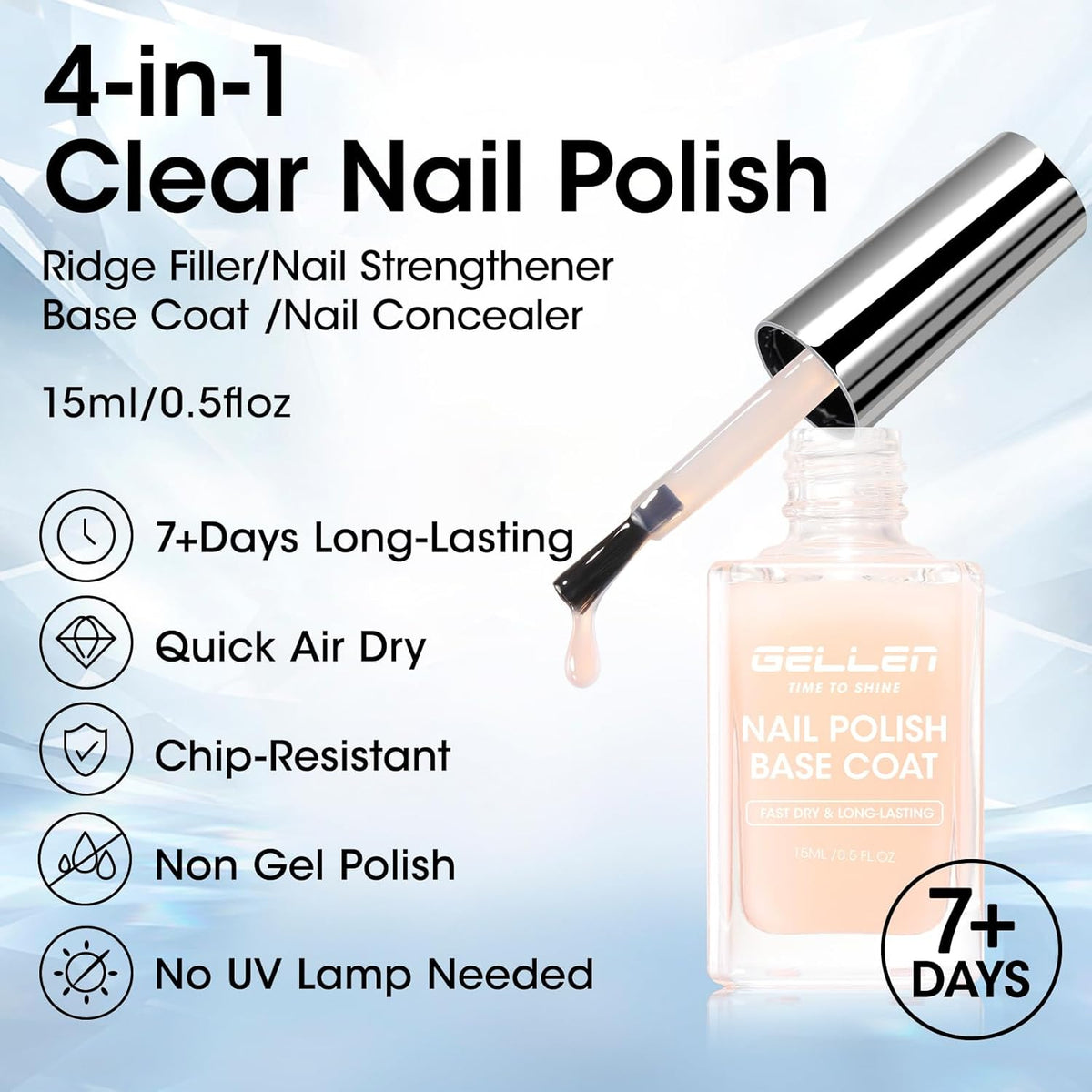 GELLEN 4‑in‑1 Clear Nail Polish Base Coat Sheer Tinted Cream Milky, Ridge Filler For Nails, Nail