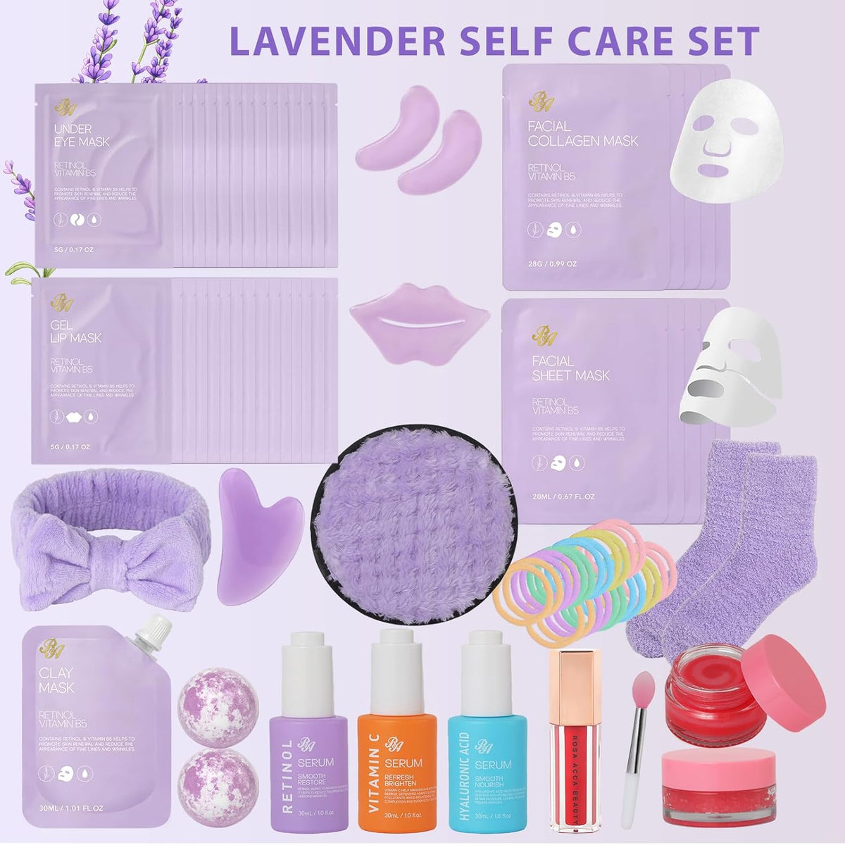 Lavender Face Sheet Mask Pack, 55Pcs Skin Care Kit for Women, Overnight Collagen Mask, Gel Lip