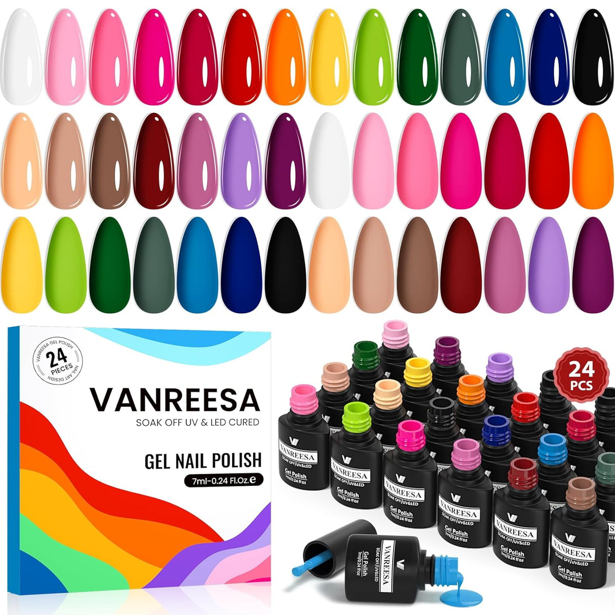 VANREESA 24 Pcs Gel Nail Polish Set, 21 Colors Gel Polish with Base Coat Glossy & Matte Top Coat