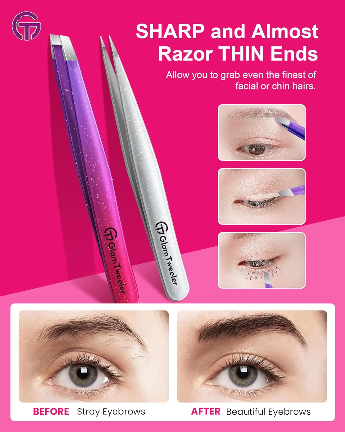 Expert Slant and Point Tip Tweezer Set with Exclusive Storage & Carrying Case, GlamTweeler Sharp &