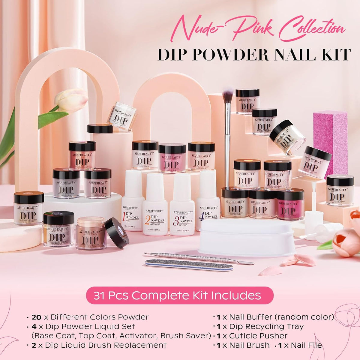 AZUREBEAUTY 31 Pcs Dip Powder Nail Kit Starter 20 Colors Clear Nude Pink Brown Glitter All Season