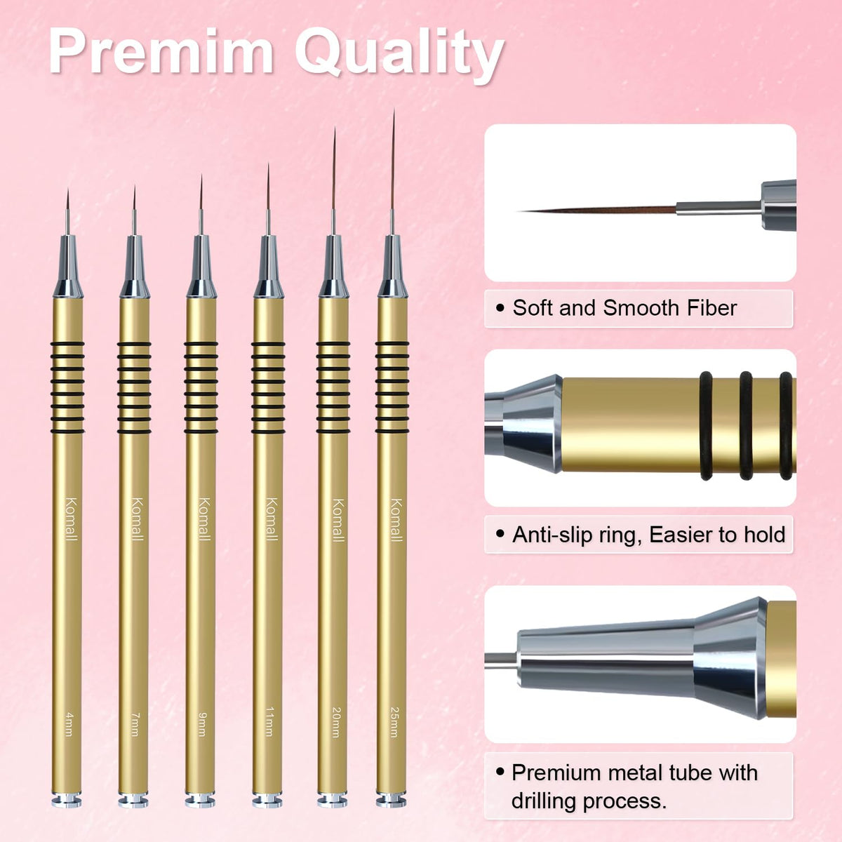 Metallic Nail Art Brushes, 6Pcs Non Slip Liner Brush Set, UV Gel Polish Painting Art Design Pen for