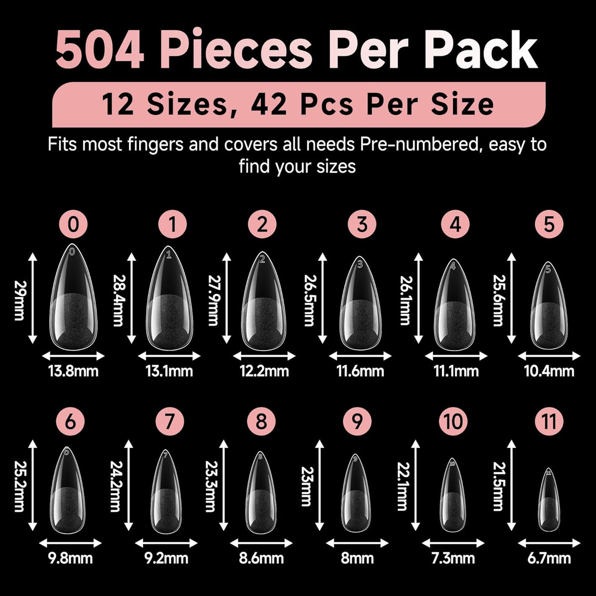Long Almond Nail Tips: 504pcs Full Cover Soft Gel Nail Tips, 12 Sizes Pre-Etched Half Matte Almond