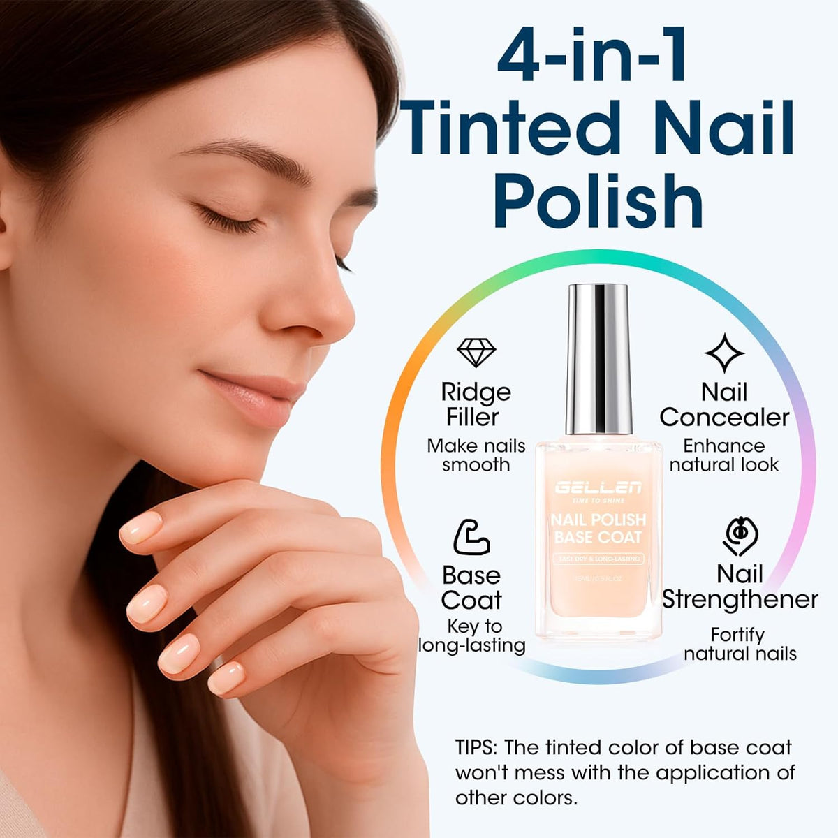 GELLEN 4‑in‑1 Clear Nail Polish Base Coat Sheer Tinted Cream Milky, Ridge Filler For Nails, Nail
