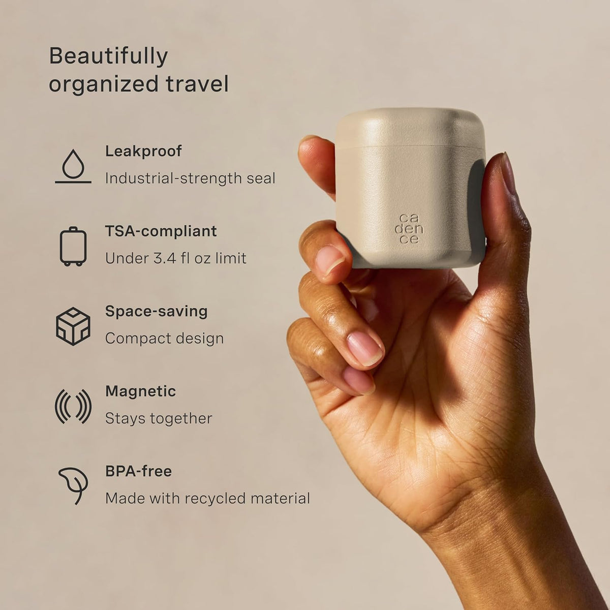 Cadence Travel Containers - Core Skincare Set - Magnetic Containers with Lids,2 Small (0.56oz) & 3
