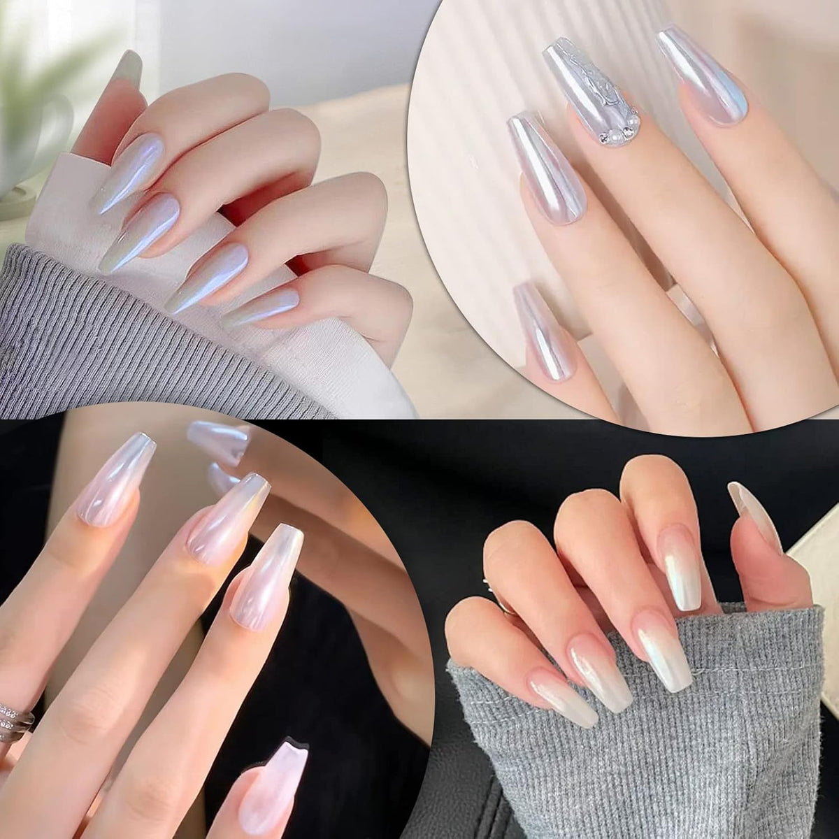 Artdone 2 Jars Chrome Nail Powder White and Red Pearl, Iridescent Aurora Powder Metallic Mirror