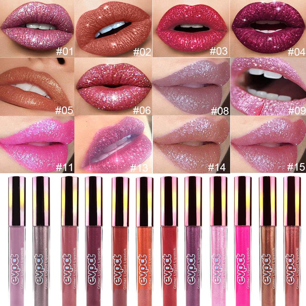 evpct 1Pcs Plum Red Glitter Metallic Shimmer Diamond Lipstick Lip Gloss Stain Set for Women Long