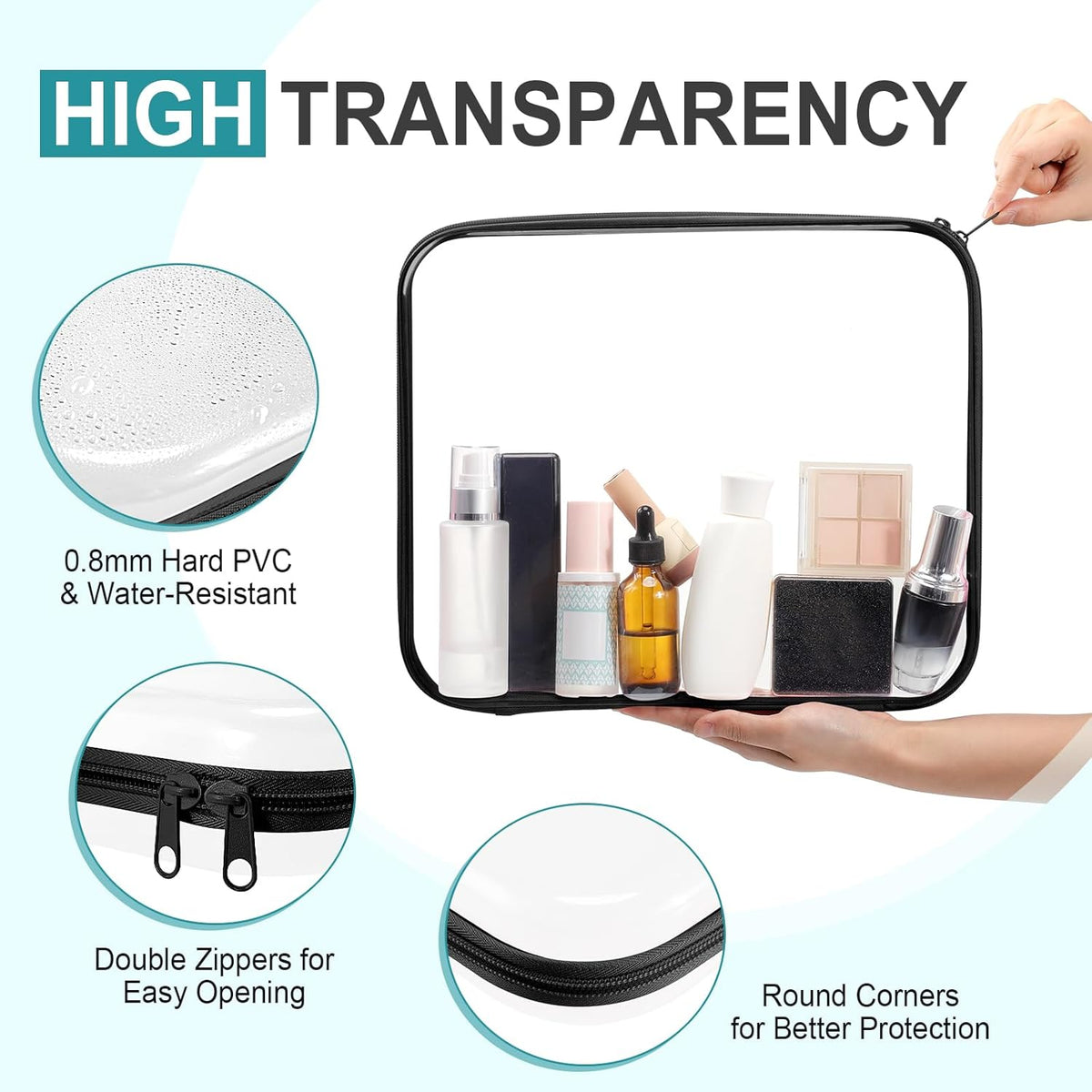 Hoolerry 3 Pcs Clear Hard Zipper Case Plastic Pouch Transparent Hard Case Clear Makeup Bag Portable