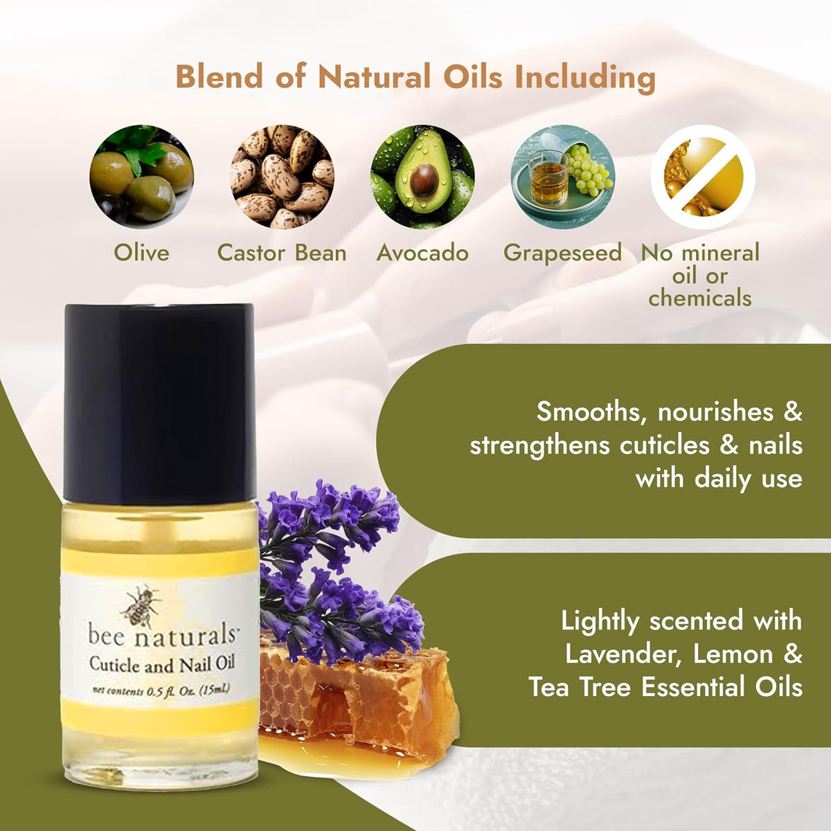 Bee Naturals Nail & Cuticle Oil 0.5 oz - Heals Cracked Nails & Rigid Cuticles. Deep moisture for