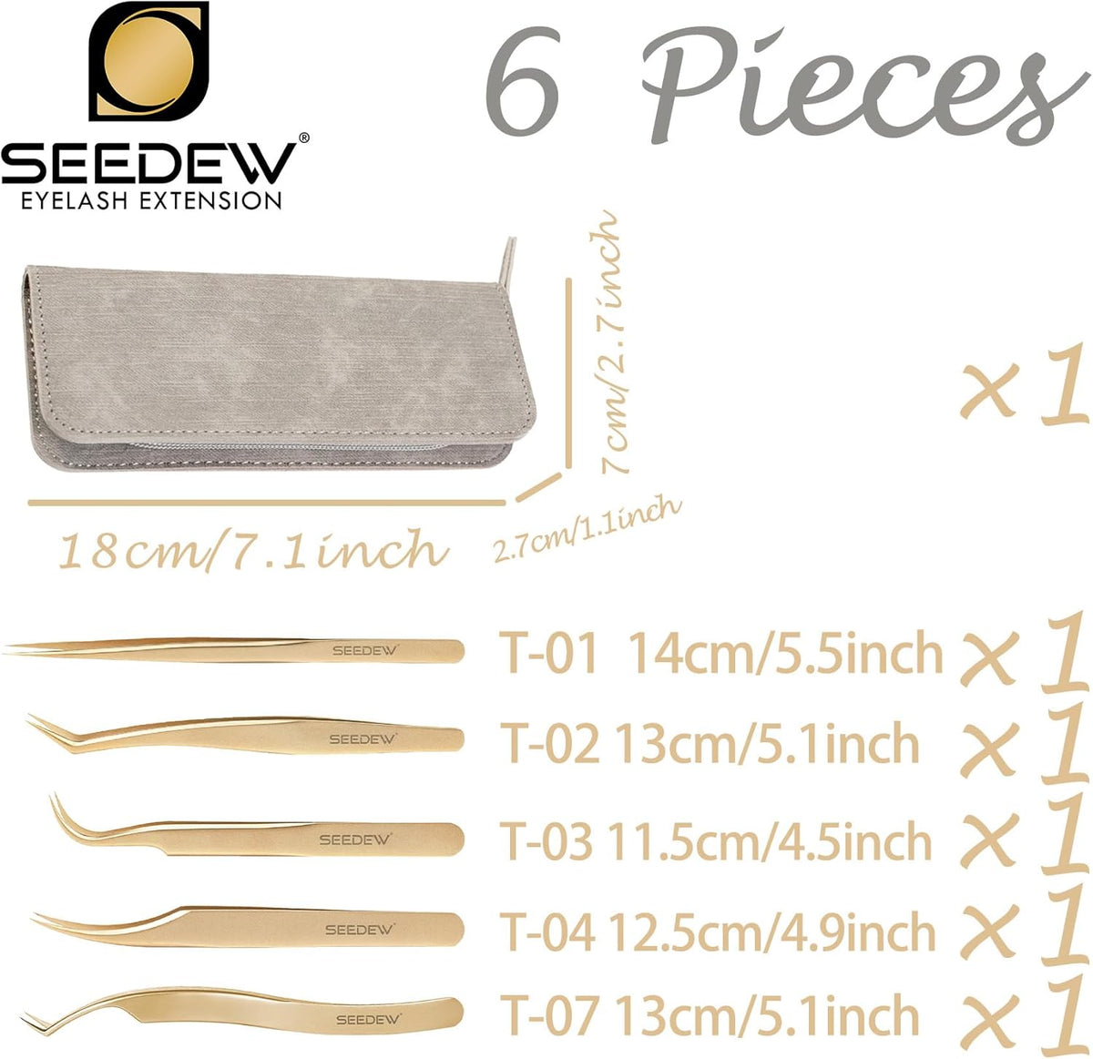 Lash Tweezers Set, 5 Stainless Steel Golden Tweezers + 1 Storage Bag, Isolation Pointy Tweezers for