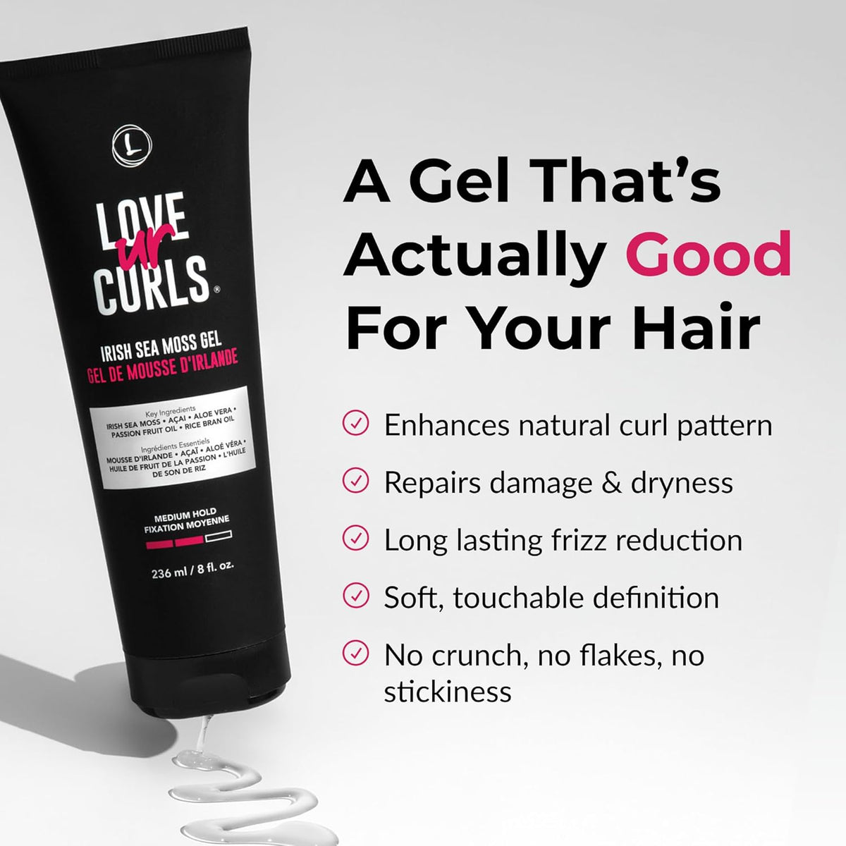 Love Ur Curls Irish Sea Moss Hair Gel, Medium Hold Hair Styling Curling Gel for Defined Curly Hair