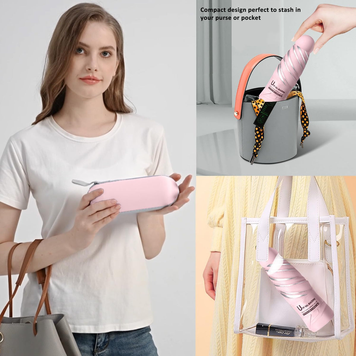BAODINI Travel Essentials Mini Umbrella for Purse With Case Small Compact UV Sun Protection