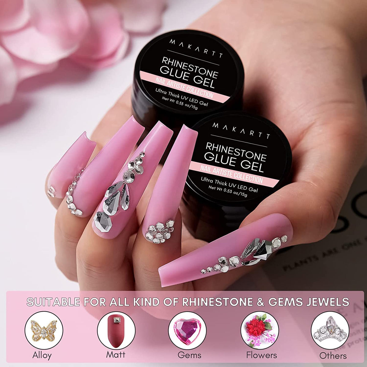 Makartt Nail Rhinestone Glue Gel with Brush Pen Set, 15ml Clear Nail Gem Glue Wipe-Off Super Strong