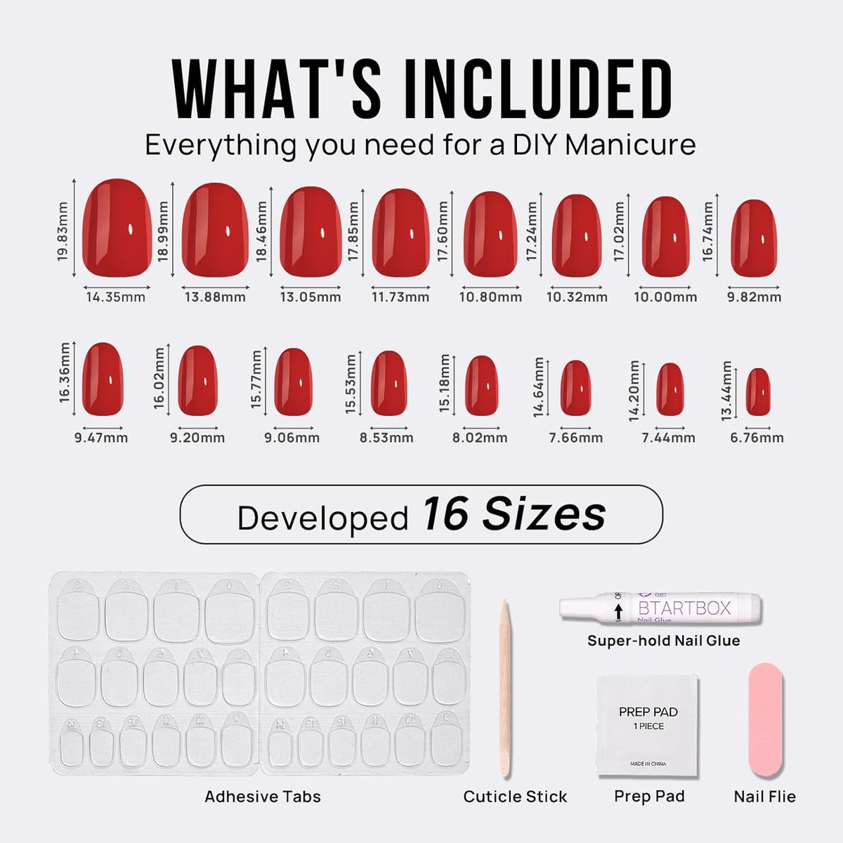 BTArtbox Press On Nails Short - Red Press on Nails, Short Oval Fake Nails with Nail Glue, Natural