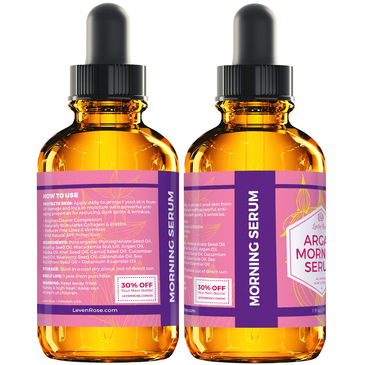 Leven Rose Moroccan Argan Oil Face Serum 1 oz - 100% Organic Hydrating Oil for Women - Anti-Aging
