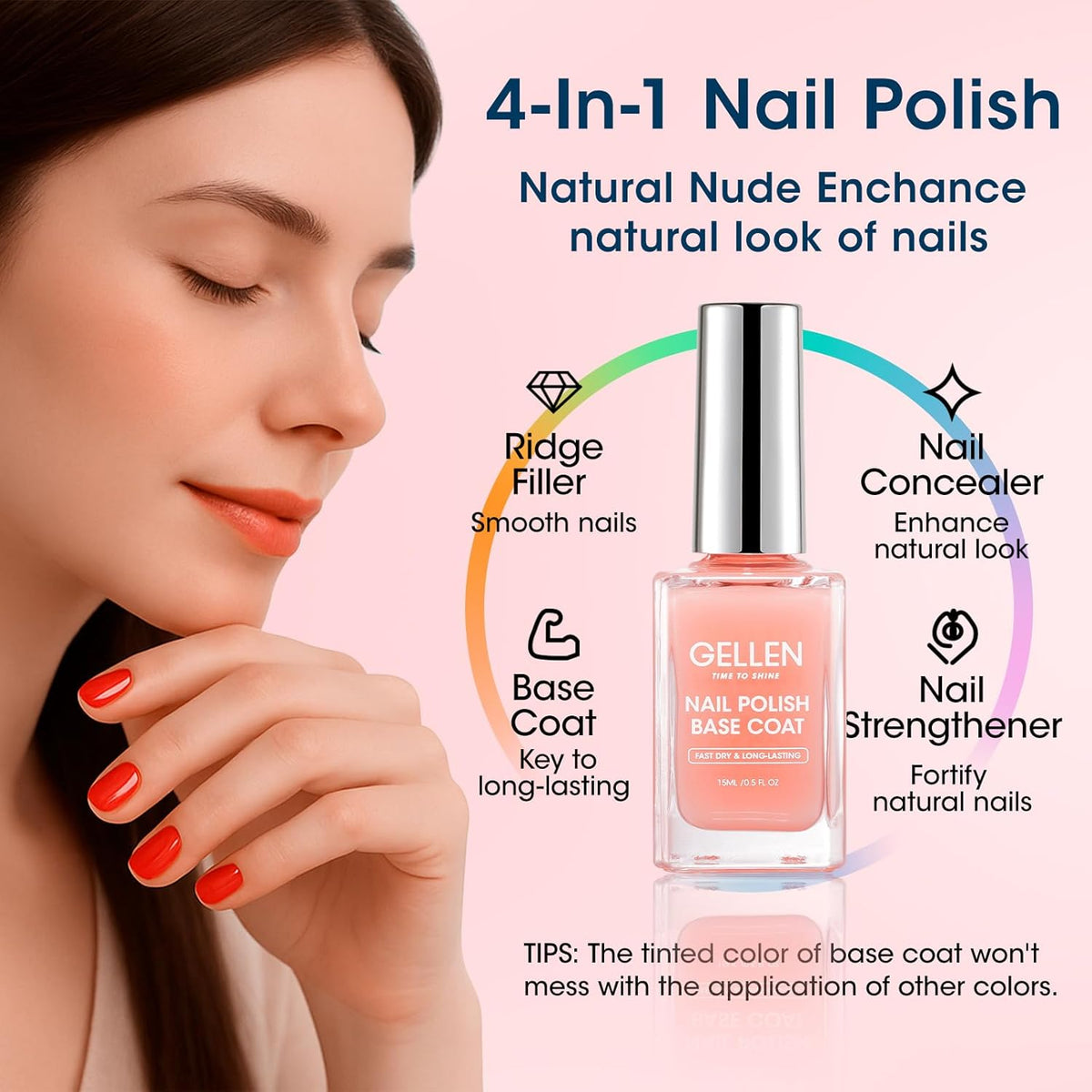GELLEN Clear Nail Polish Base Coat Sheer Tinted Nude, Natural Color Regular Nail Polish, Calcium