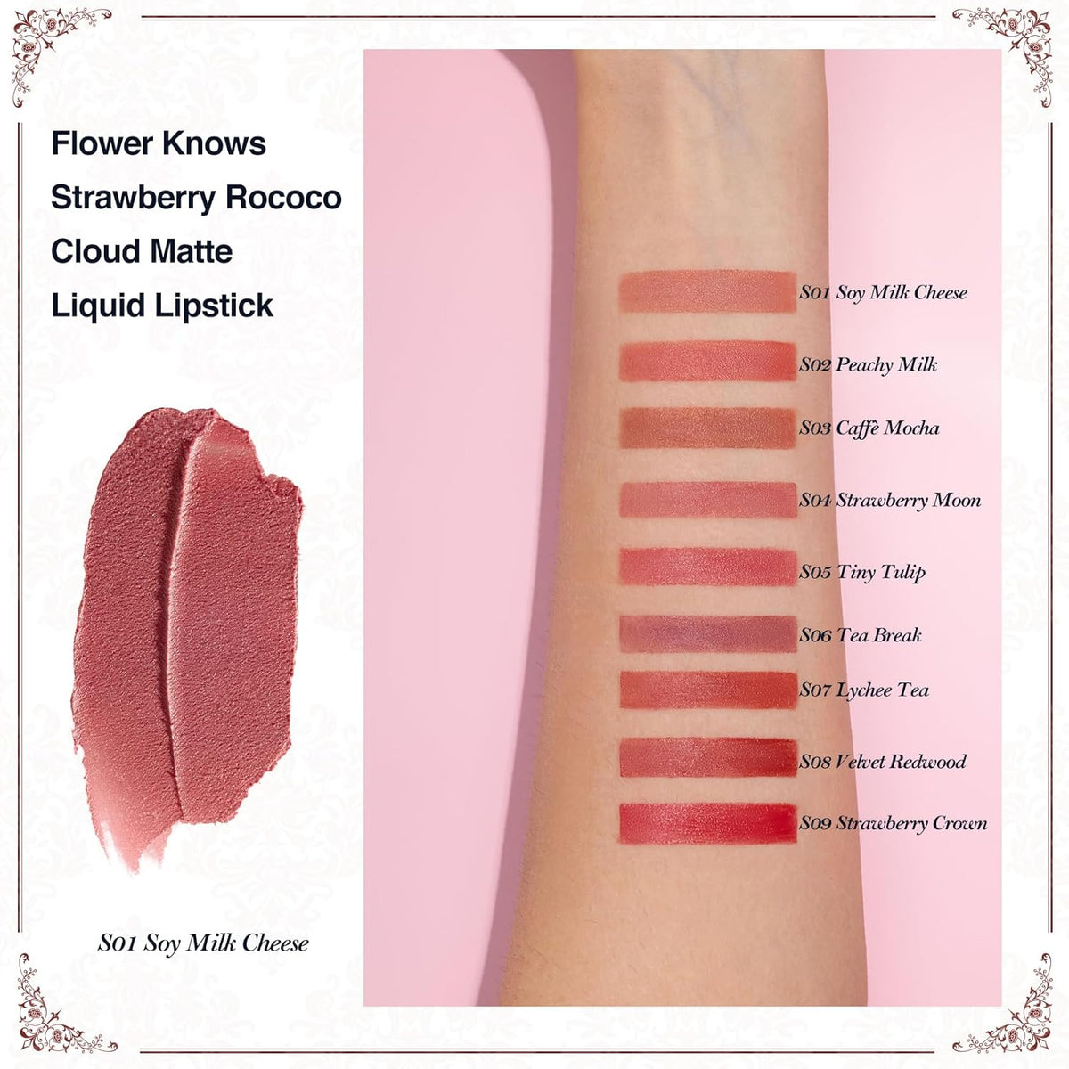 Flower Knows Strawberry Rococo Cloud Lip Cream,Velvety Matte Liquid Lipstick,Nude Lipstick,Long