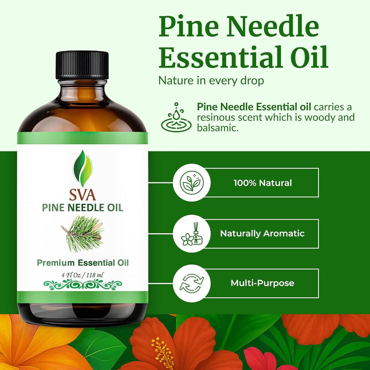 SVA Pine Needle Essential Oil – 4 Fl Oz – 100% Natural Pine Needle Oil - for Diffuser, Hair Care