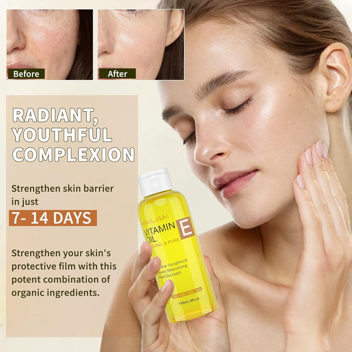 Organic Vitamin E Oil 50,000 IU for Skin, Pure & Natural Vitamine oils for Scars Hair, Face, Nail