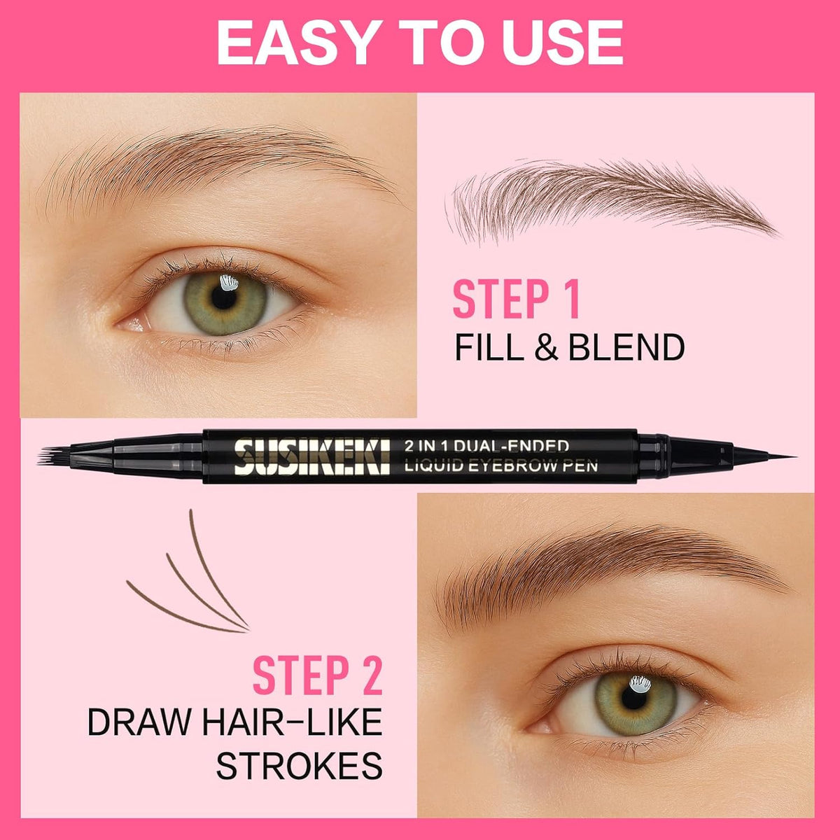 Dual Ended Microblading Eyebrow Pen - 2 in 1 Liquid Eyebrow Pencil with Brow-Fection Angled Brush &