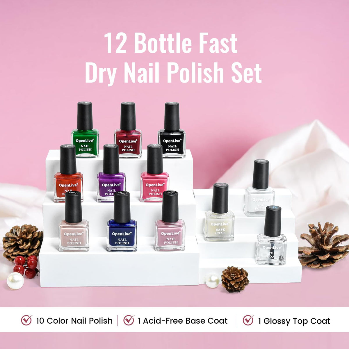 12 PCS Nail Polish Set With 10 Colour Combo, 2 PCS Base And Top Coat,Fast Drying Nail Polish For