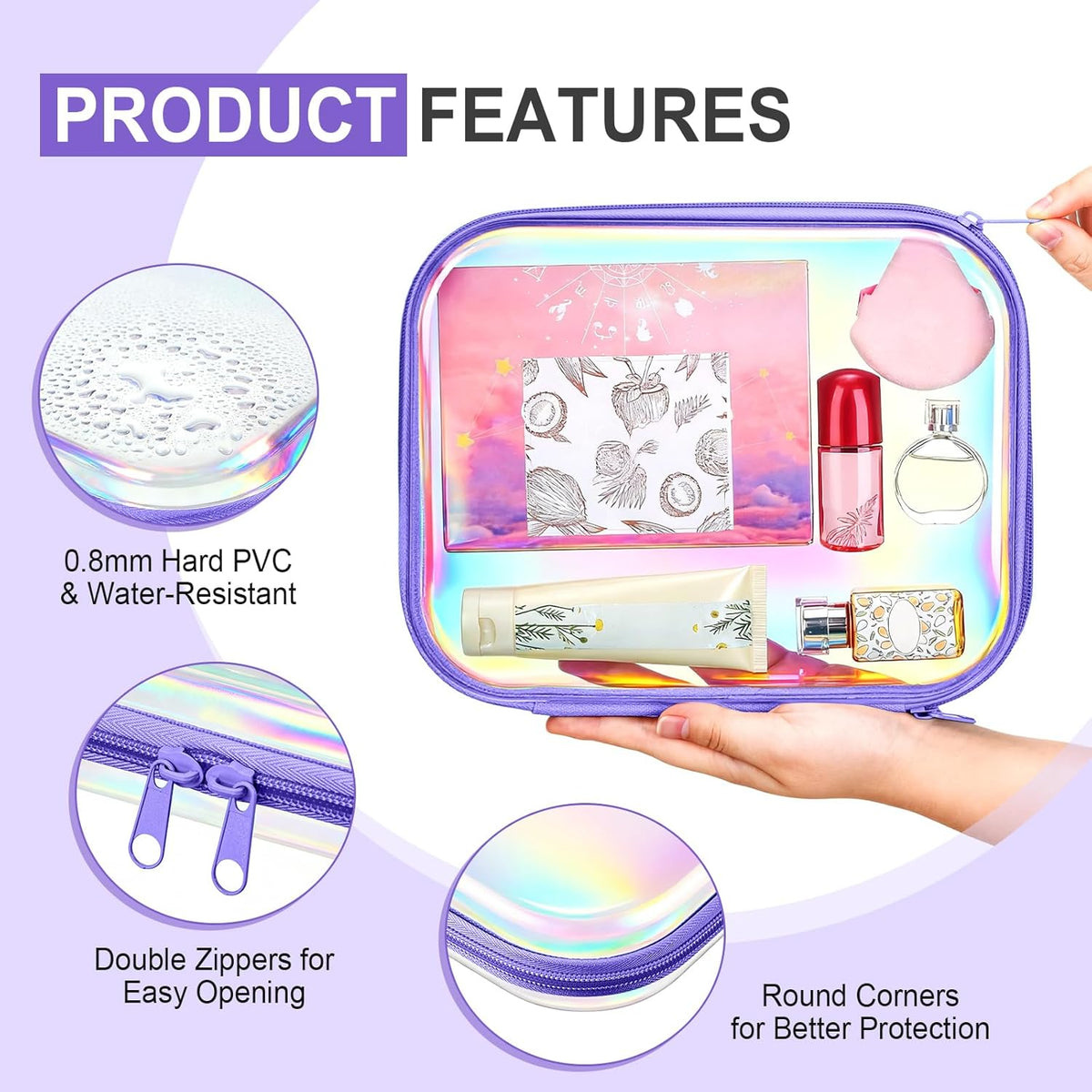 Hoolerry 4 Pcs Hard Clear Zipper Case Makeup Bags Plastic Pencil Pouch Transparent Storage Box