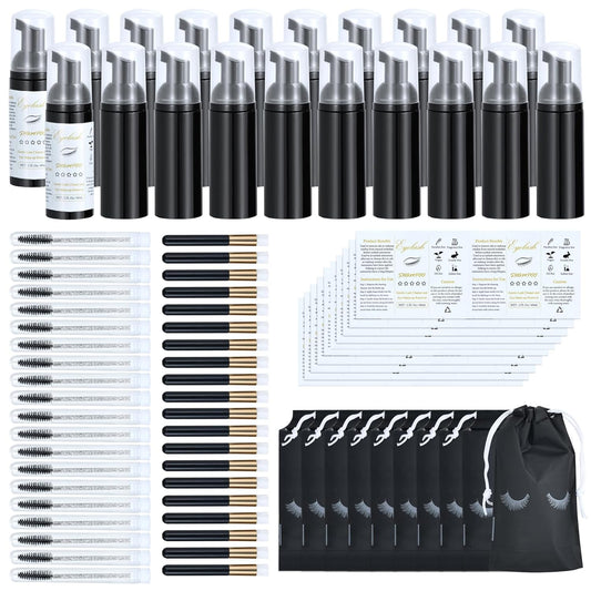 100 Pcs Lash Shampoo Bottle Brushes Set 20 Empty Foam Pump Dispensers 20 Label Stickers 20 Mascara