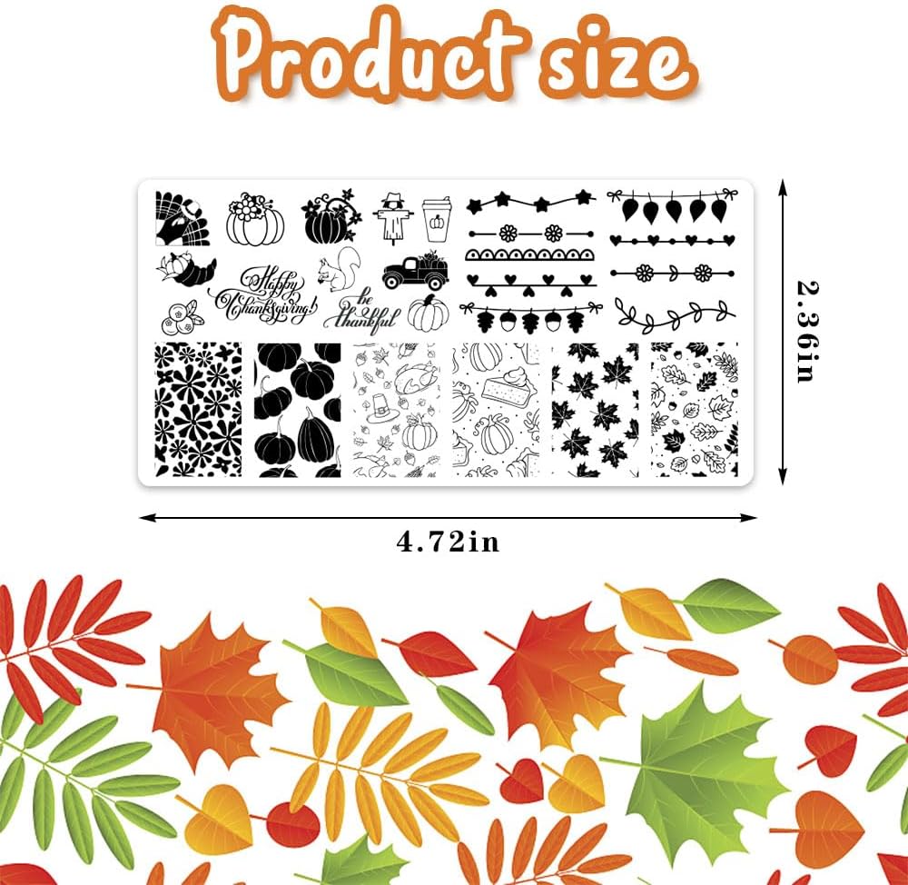 ALIBBON 6 Pcs Fall Nail Stamping Plates Set, Leaves Background Nail Art Stamp Templates, Pumpkin