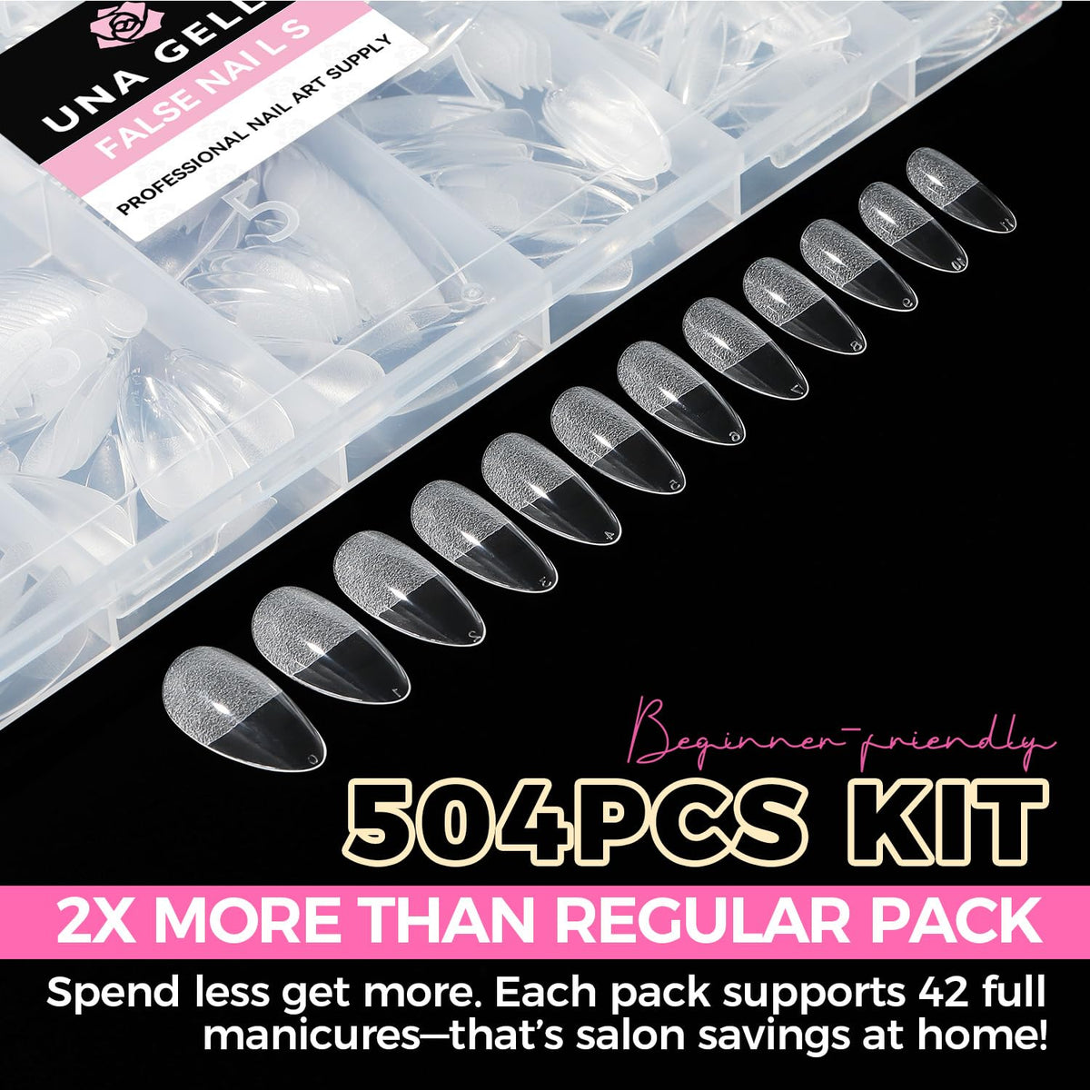 UNA GELLA Almond Gel Nail Tips, 504PCS Pre Etched Clear Fake Nails Tips Medium Almond Shape - 12