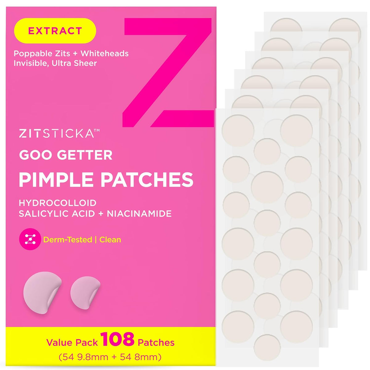 ZitSticka Pimple Patches for Face and Body, Goo Getter Hydrocolloid Patches to Cover Zits &