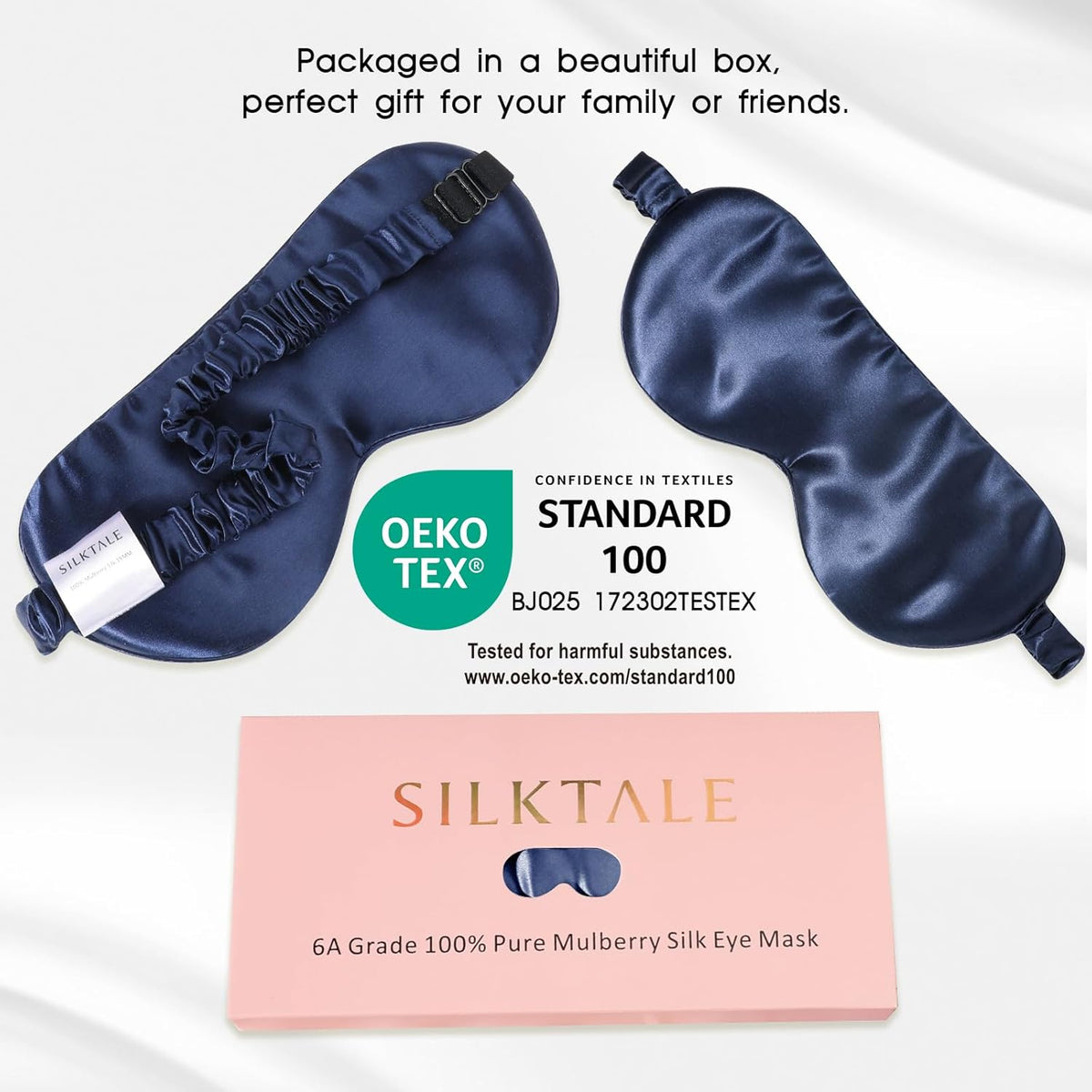 Mulberry Silk Blackout Adjustable Sleep Eye Mask for Men/Women Travel Plane,Navy Blue