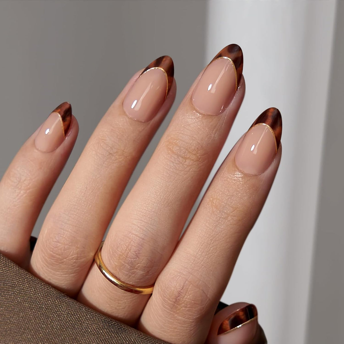 BTArtbox Press On Nails Short Almond - Winter French Tip Press On Nails, Soft Gel Fake Nails Brown