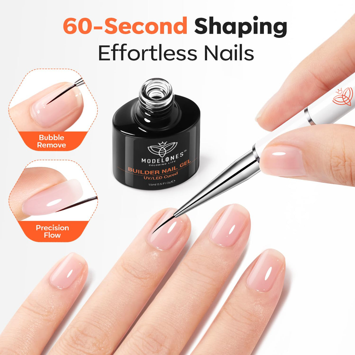 modelones Builder Nail Gel, 7-in-One Clear Builder Nail Polish with Detachable Liner Brush, 15ml