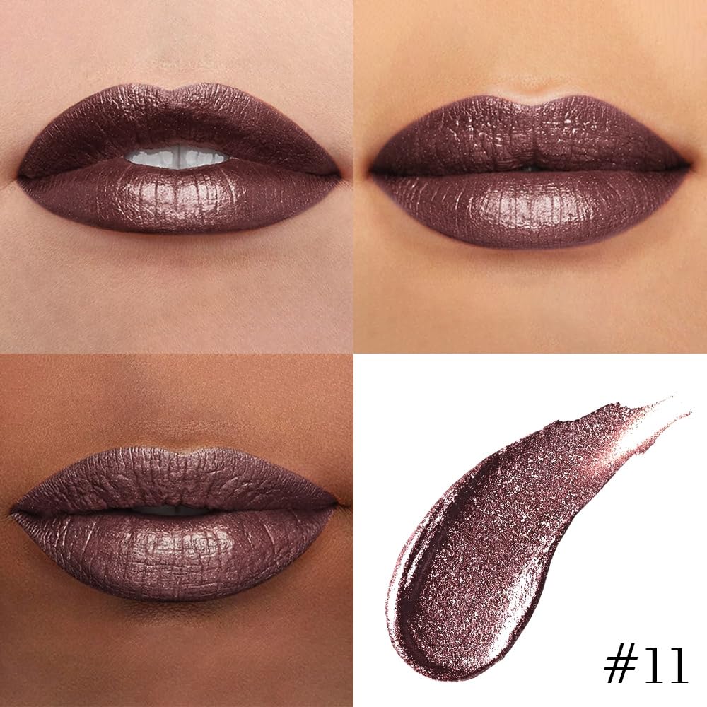 evpct Dark Brown Metallic Glitter Lip Liner and Lipstick Combo Lip Gloss Stain Set Makeup for Women