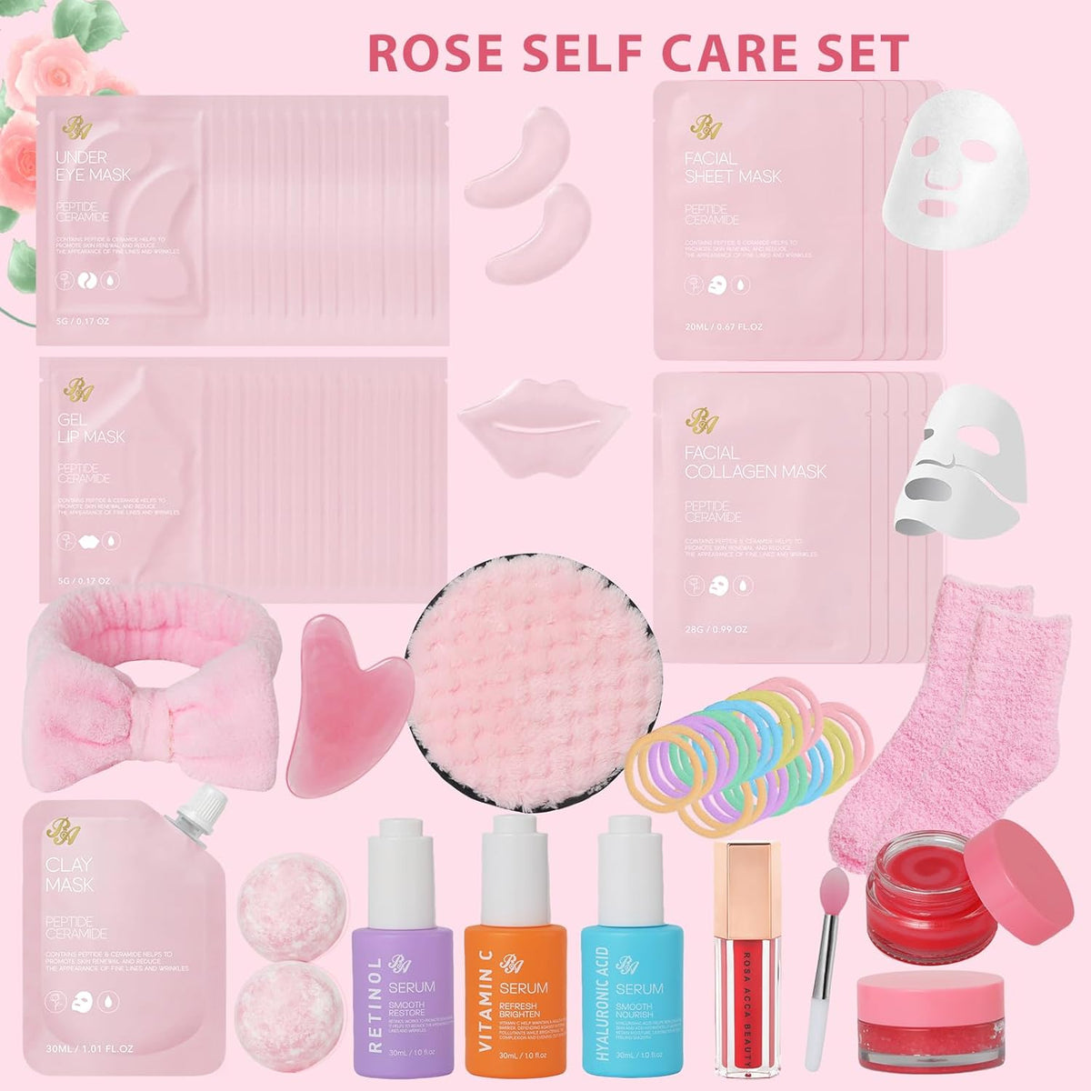 Rose Essential Oil Face Collagen Hydrogel Mask, Face Sheet Mask, 55 Pcs Skin Care Set, Spa Kit for