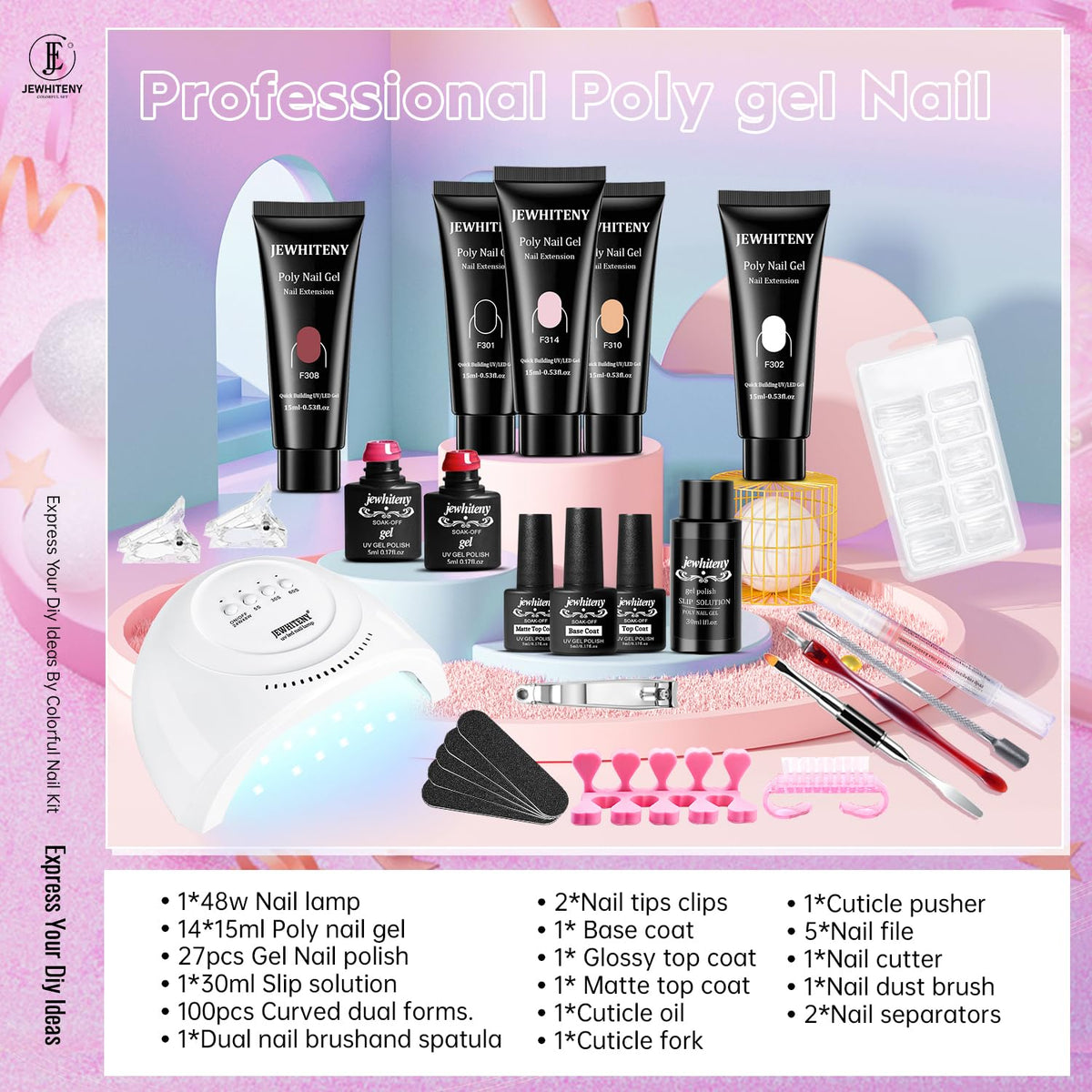 JEWHITENY 14 Colors Poly Gel Nail Kit 27 Colors Gel Nail Polish Kit With U V Light All In One Nail