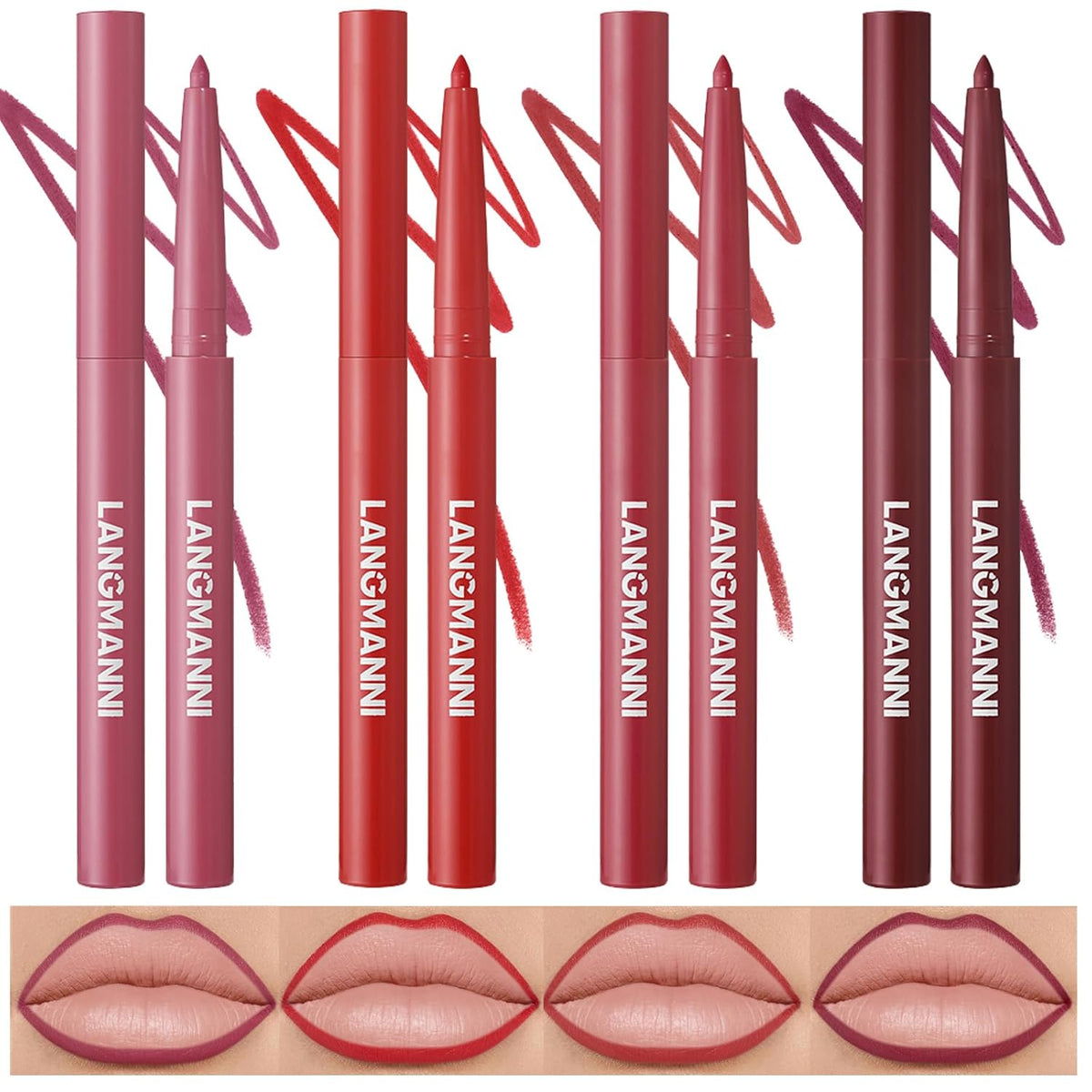 LANGMANNI 4Pcs Sculpting Matte Velvet Lip Liner Set,Smooth Creamy Texture,Waterproof And High