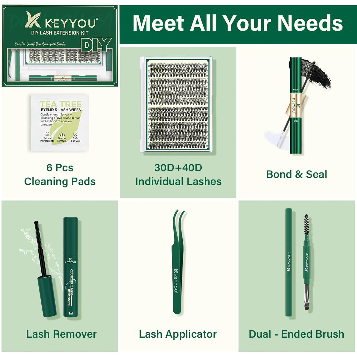 KEYYOU Lash Extension Kit DIY 280Pcs Lash Clusters Eyelash Extension Kit 30D40D,D Curl 9-18MIX Lash