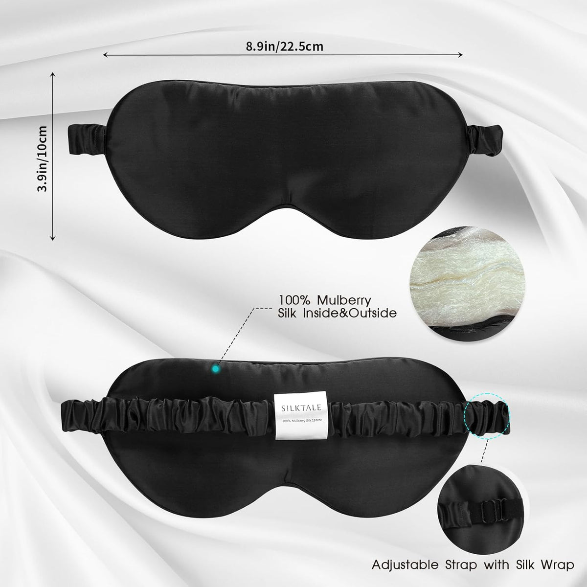 100% Mulberry Silk Eye Mask for Sleeping with Silk Wrapped Adjustable Strap,Black