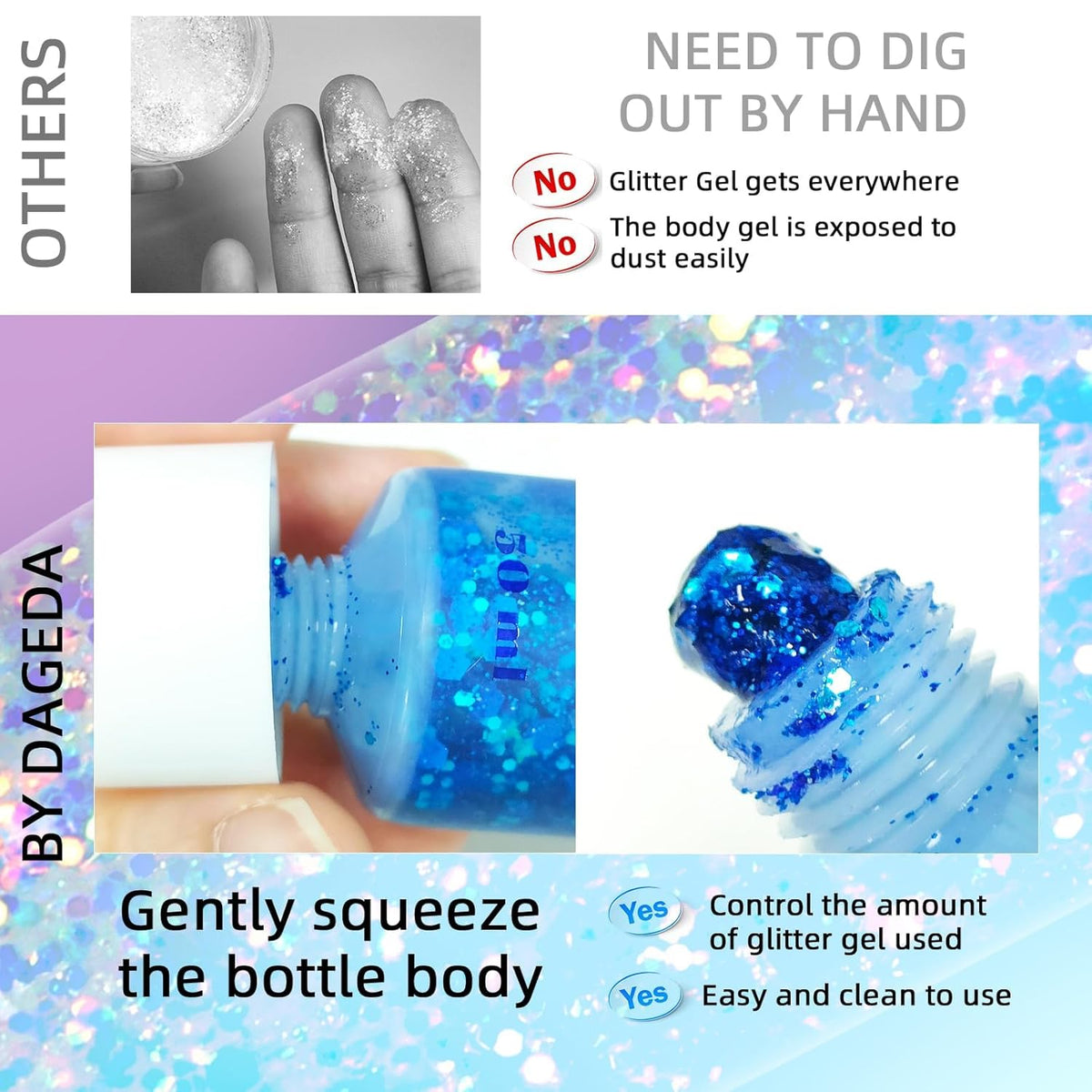 DAGEDA Body Glitter Gel, Face Glitters Body Gel Sequins Shimmer Liquid Eyeshadow, Chunky Glitter