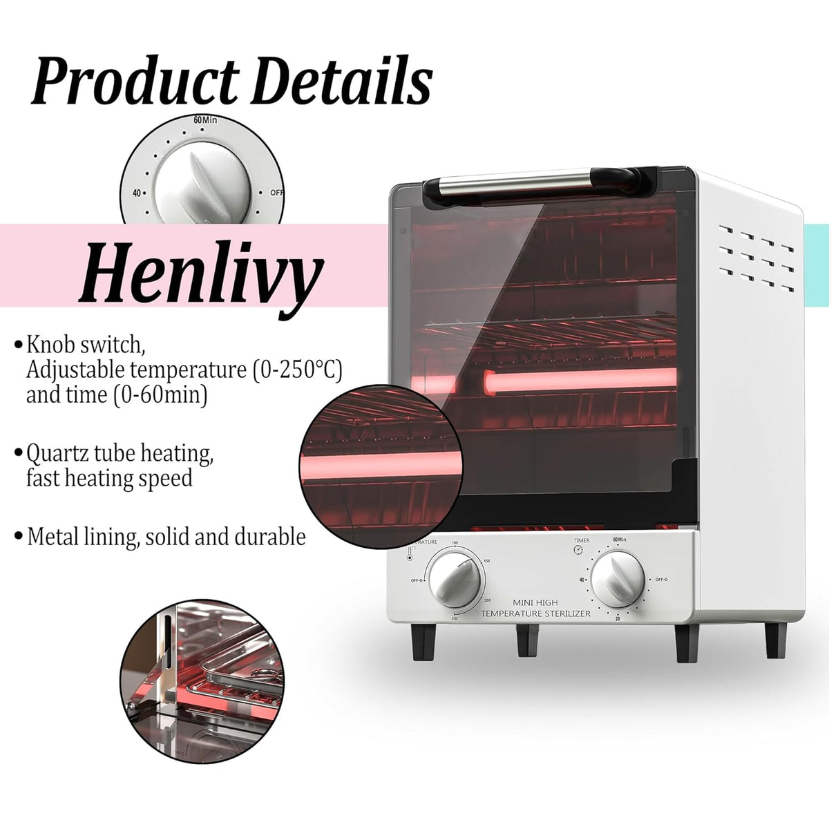 High Temperature Sterilizer, Large Capacity Dry Heat Stainless Steel Sterilizer with Temp and Timer