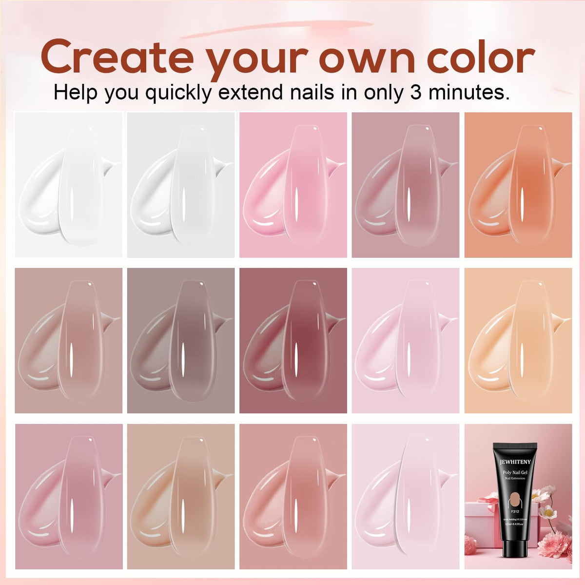 JEWHITENY Poly Extension Gel Kit With 48W LED Nail Lamp 14 Colors Builder Extension Gel All-in-One