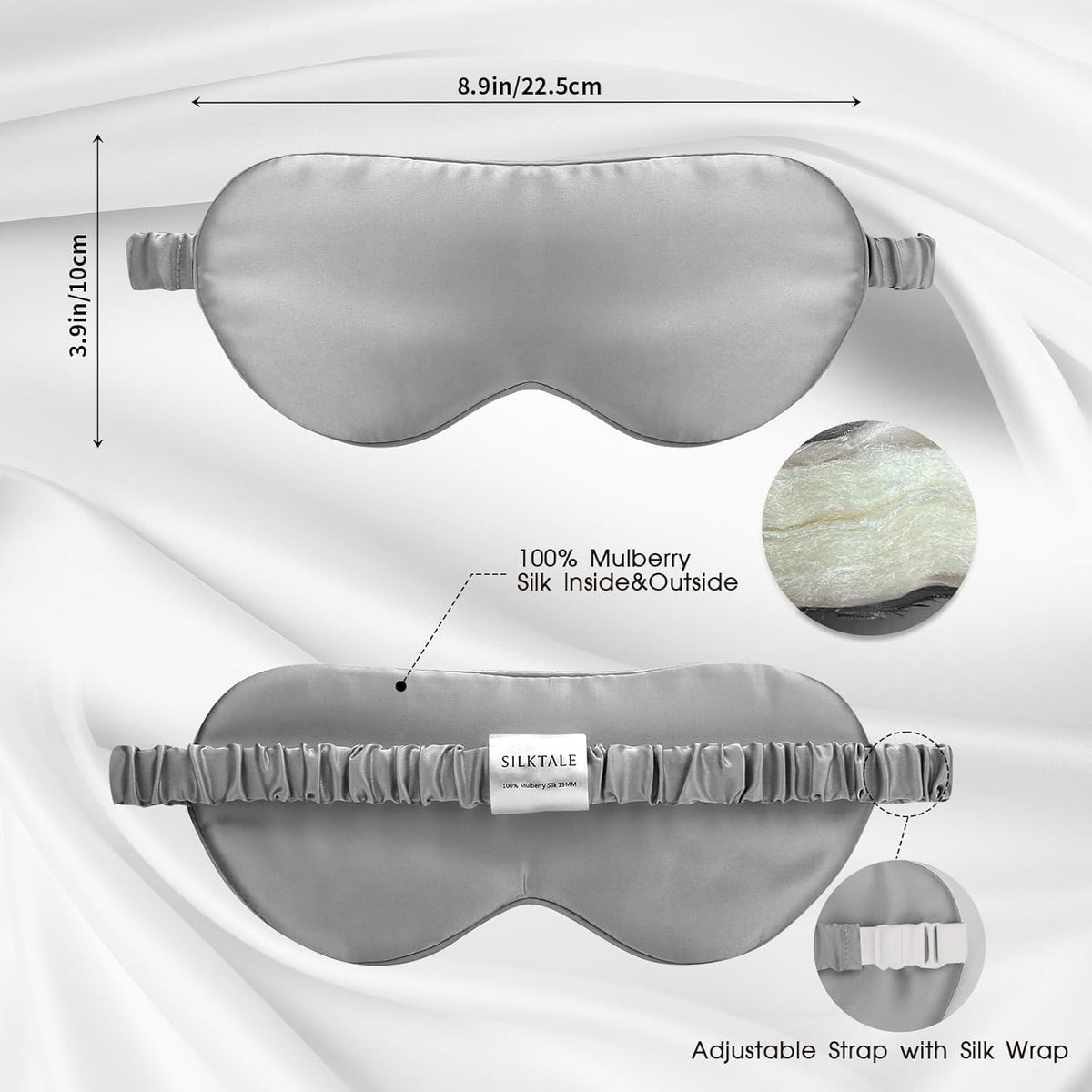 100% Mulberry Silk Eye Mask for Sleeping with Silk Wrapped Adjustable Strap,Silver Gray